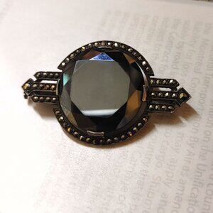 Vintage Silver Black Brooch Pin Back Closure Marcasite Accent Art Deco Oval Cut